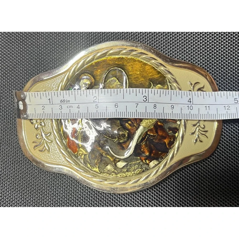MBCI Belt Buckle Mens Gold Tone Western‎ Cowboy Rodeo Roping Longhorn Enamel